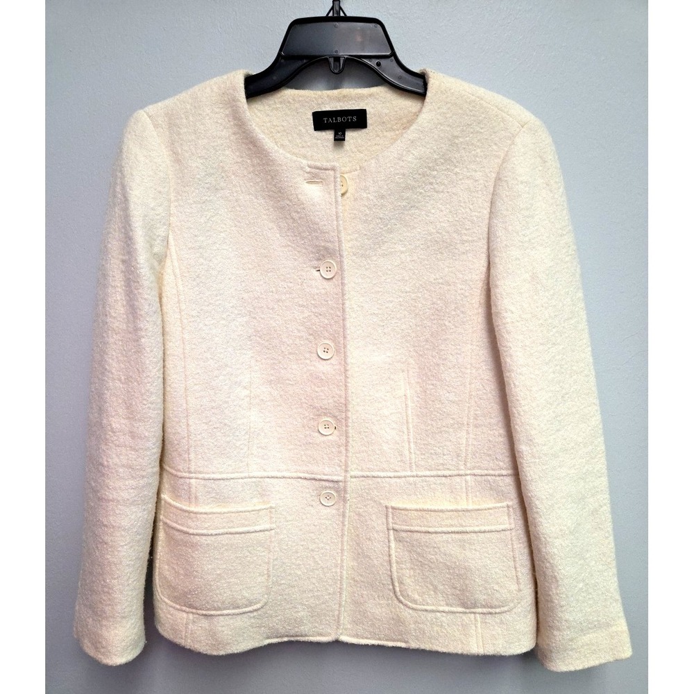 Talbots Jacket Size 10 Ivory Wool Blend Blazer Button Front Lined Collarless